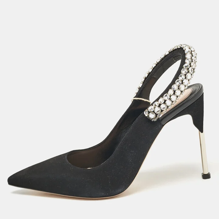 Alexander McQueen Black Suede Crystal Embellished Slingback Pumps Size 39