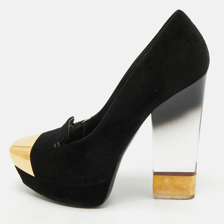 Alexander McQueen Black Suede Plexi Heel Platform Pumps Size 40