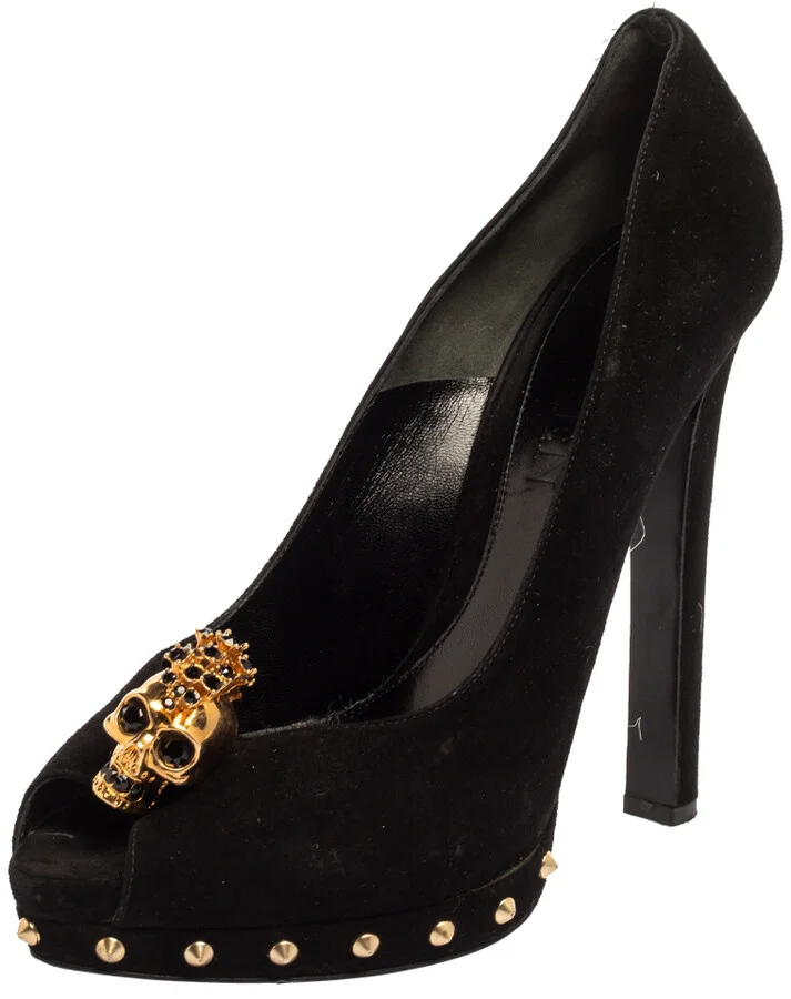 Alexander McQueen Black Suede Skull Embellished Peep Toe Pump Size 40.5