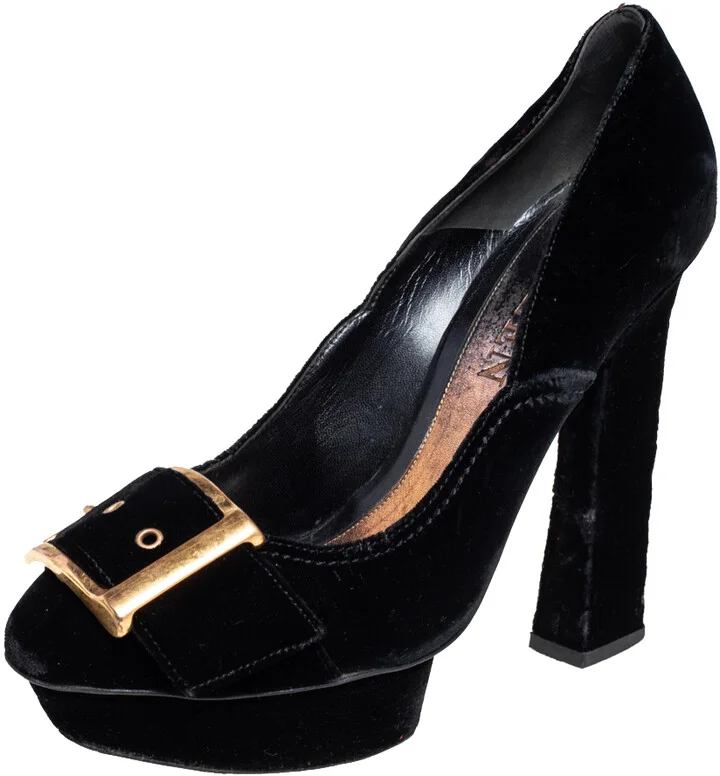 Alexander McQueen Black Velvet Buckle Platform Pumps Size 39