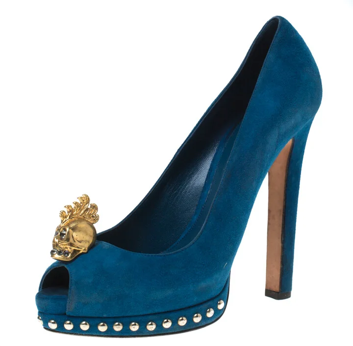 Alexander McQueen Blue Suede Crystal Embellished Skull Peep Toe Platform Pumps Size 39.5