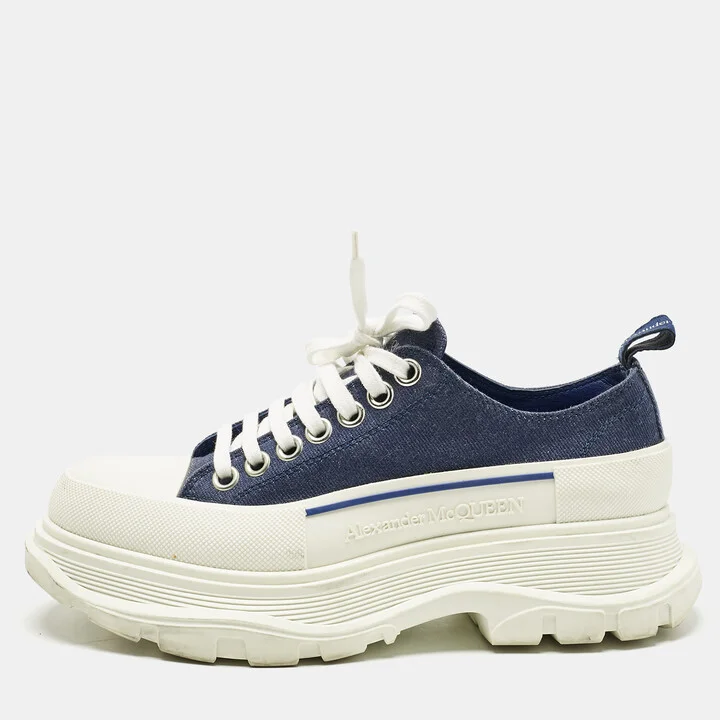 Alexander McQueen Blue/White Canvas and Rubber Tread Slick Sneakers Size 38.5