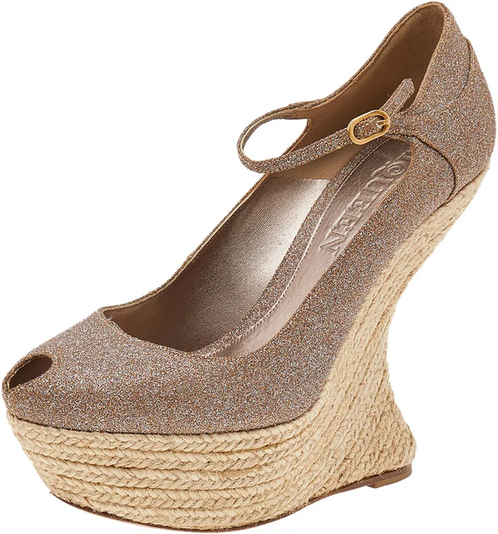 Alexander McQueen Brown Glitter Ankle Strap Wedge Sandals Size 37