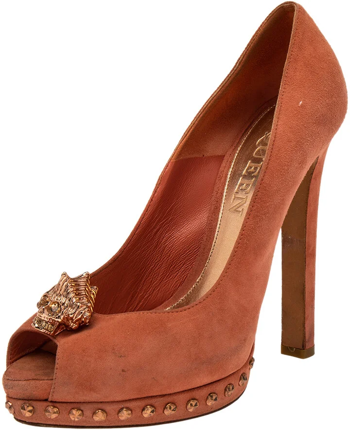 Alexander McQueen Brown Suede Skull Embellished Peep Toe Pumps Size 38