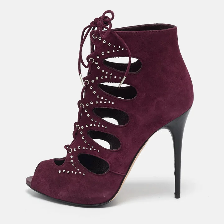 Alexander McQueen Burgundy Suede Ankle Length Studded Cut Out Ankle Boots Size 37