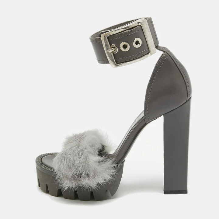 Alexander McQueen Dark Grey Leather and Fur Ankle Strap Sandals Size 37