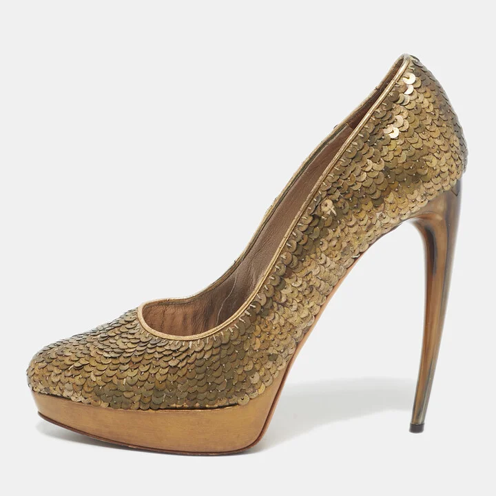 Alexander McQueen Gold Sequins Horn Heel Platform Pumps Size 40