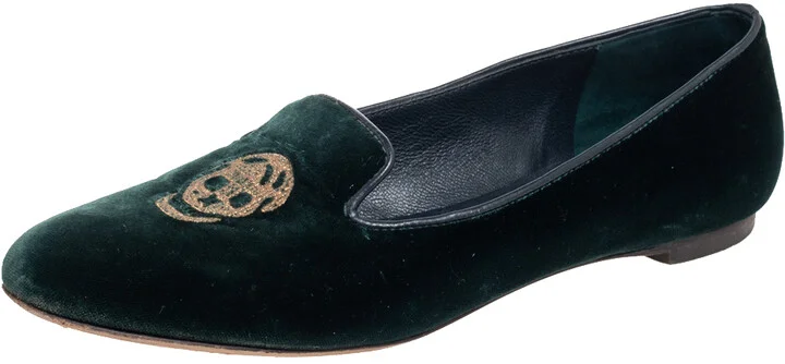 Alexander McQueen Green Velvet Skull Embroidered Smoking Slippers Size 37