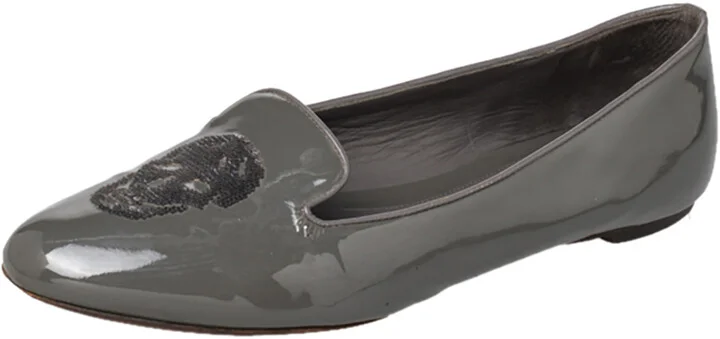 Alexander McQueen Grey Patent Leather Sequin Skull Smoking Slippers Size 39