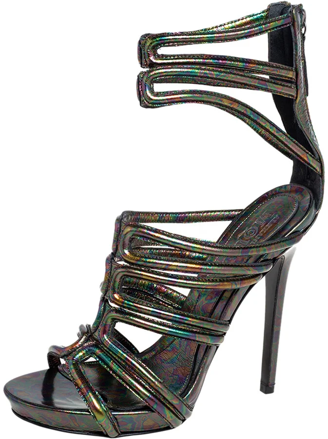 Alexander McQueen Multicolor Oil Slick Texture Leather Gladiator Sandals Size 38