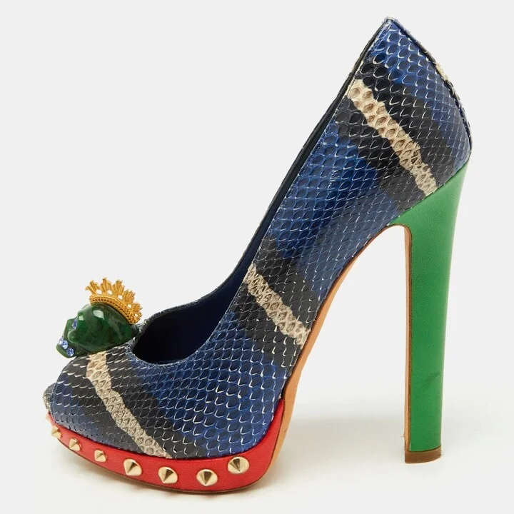 Alexander McQueen Multicolor Python Crystal Skull Peep Toe Pumps Size 36