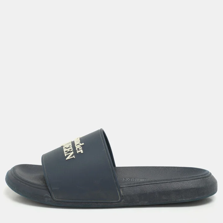 Alexander McQueen Navy Blue Rubber Flat Slides Size 37