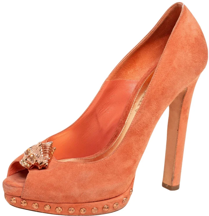 Alexander McQueen Orange Suede Skull Peep Toe Pumps Size 38.5