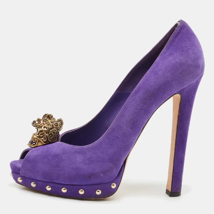 Alexander McQueen Purple Suede Skull Peep Toe Pumps Size 40