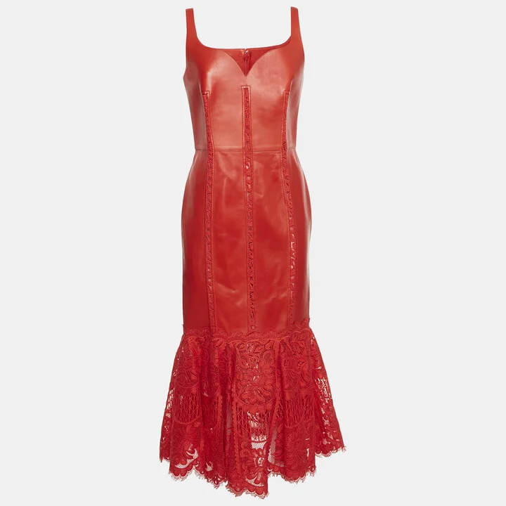 Alexander McQueen Red Leather and Lace Peplum Midi Dress M