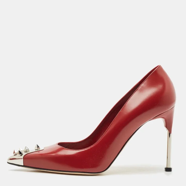 Alexander McQueen Red Leather Spike Pointed Toe Pumps Size 38