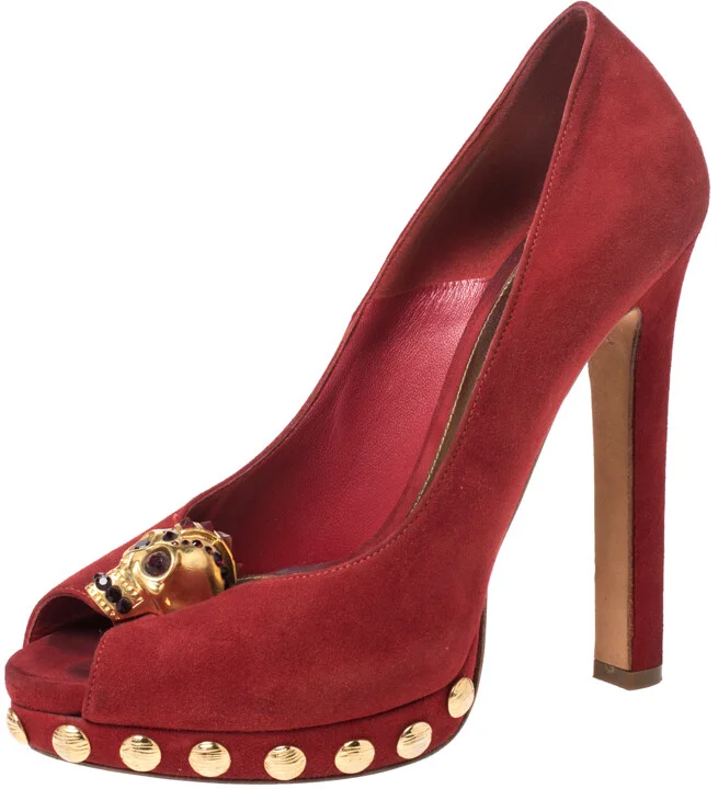 Alexander McQueen Red Suede Skull Embellished Peep Toe Pumps Size 36