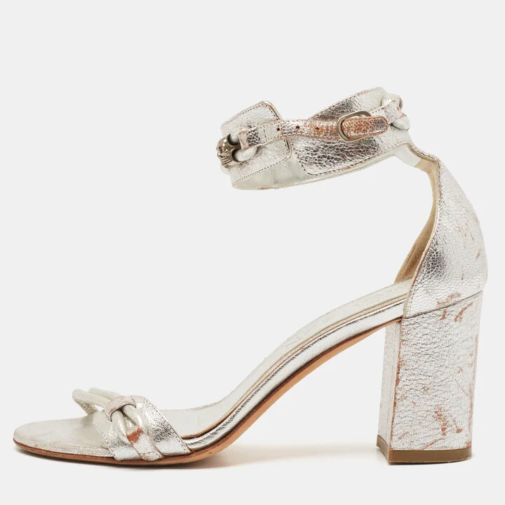 Alexander McQueen Silver Leather Ankle Strap Sandals Size 37