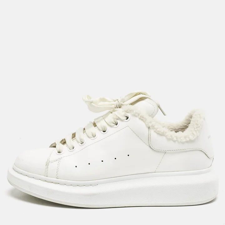 Alexander McQueen White Fur and Leather Oversized Sneakers Size 40