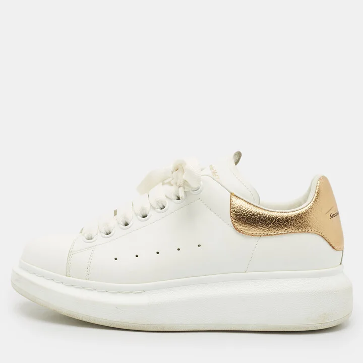 Alexander McQueen White/Gold Leather Oversized Sneakers Size 37.5