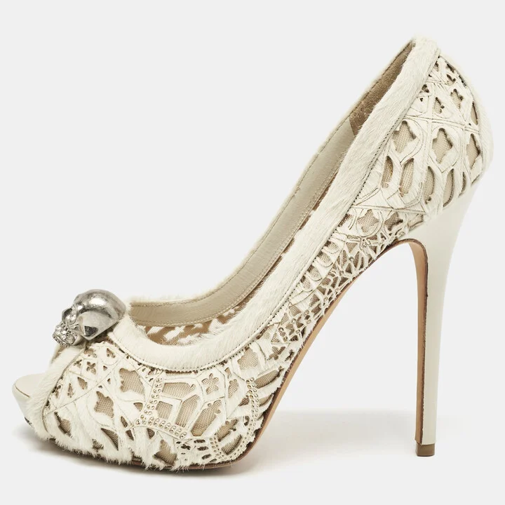 Alexander McQueen White Leather and Calf Hair Skull Embellished Peep Toe Pumps Size 40