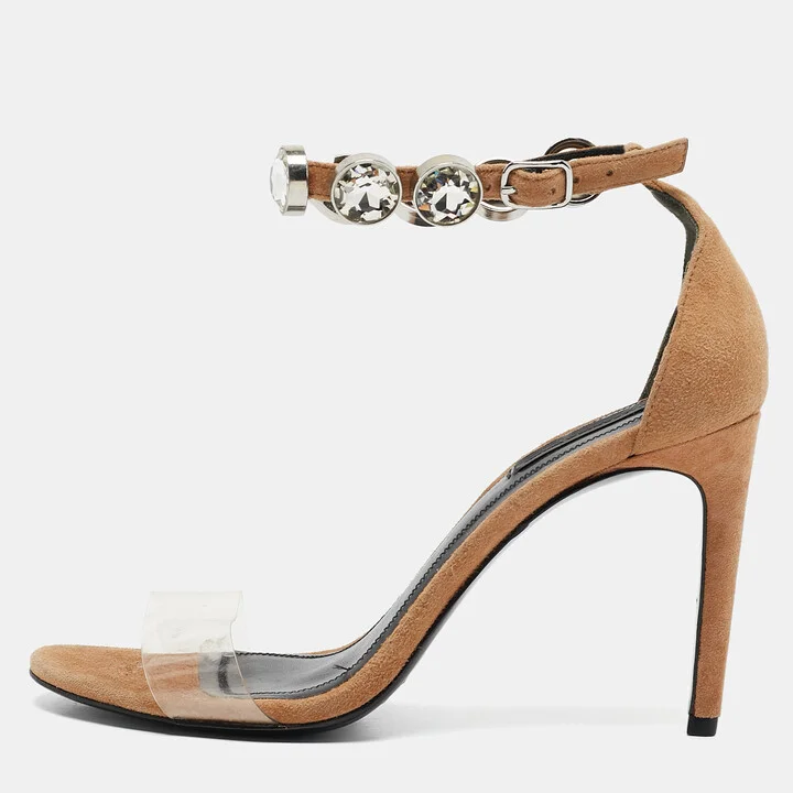 Alexander Wang Beige PVC and Suede Crystals Embellished Ankle Strap Sandals Size 38.5