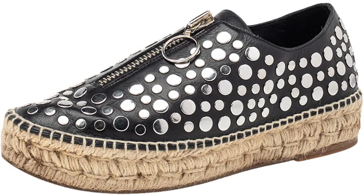 Alexander Wang Black Embellished Leather Platform Espadrille Flats Size 38