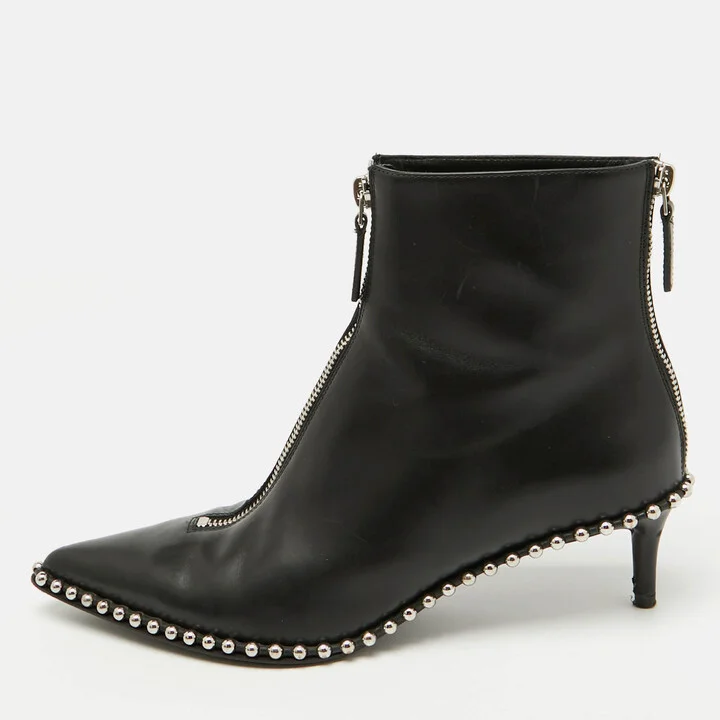 Alexander Wang Black Leather Eri Studded Pointed Toe Ankle Length Boots Size 36.5