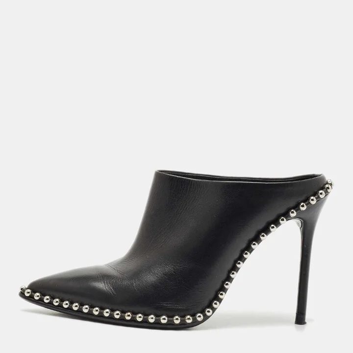 Alexander Wang Black Leather Eri Studded Pointed Toe Mules Size 37
