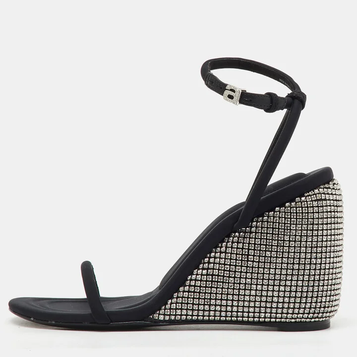 Alexander Wang Dahlia Black Satin Crystal Ankle Strap Wedge Sandals Size 37