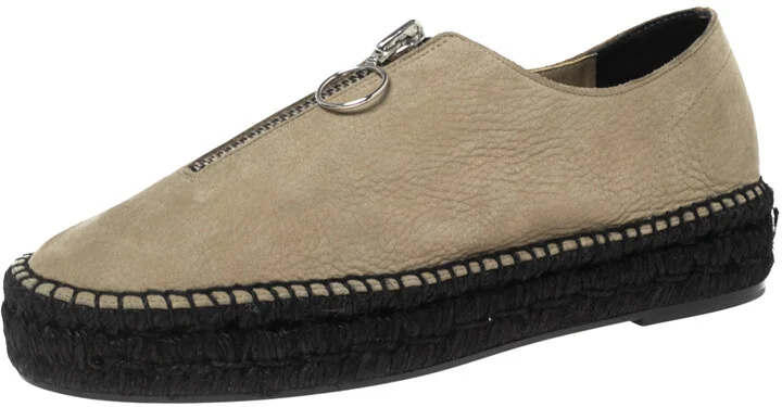 Alexander Wang Khaki Green Leather Devon Front Zip Flat Espadrilles Size 40