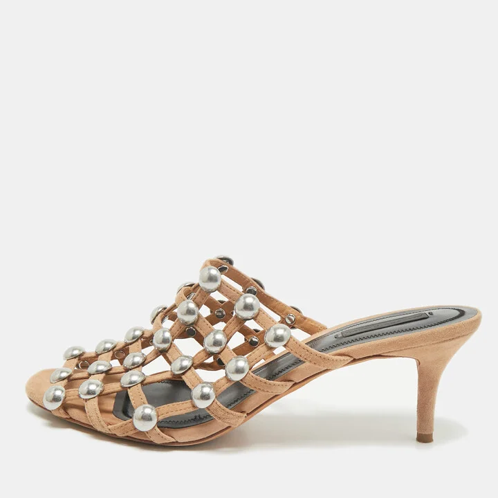 Alexander Wang Nude Suede Sadie Studded Caged Mule Sandals Size 39