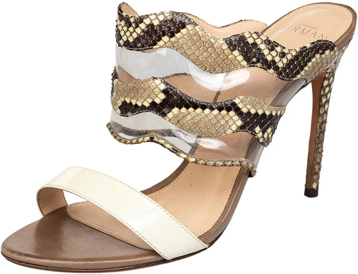 Alexandre Birman Beige/Brown Patent Leather And Python Open Toe Slide Sandals Size 39