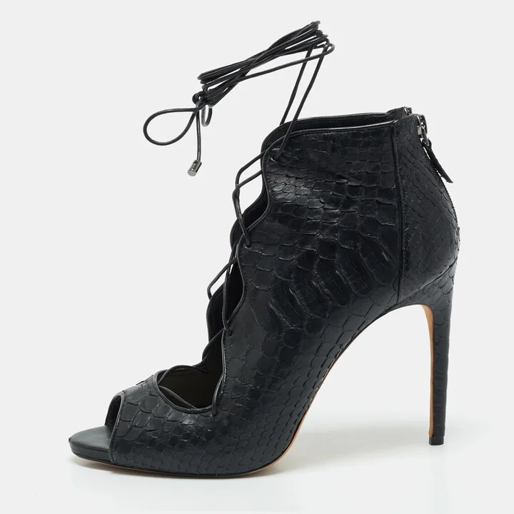 Alexandre Birman Black Python Leather Peep Toe Lace Up Pumps Size 40