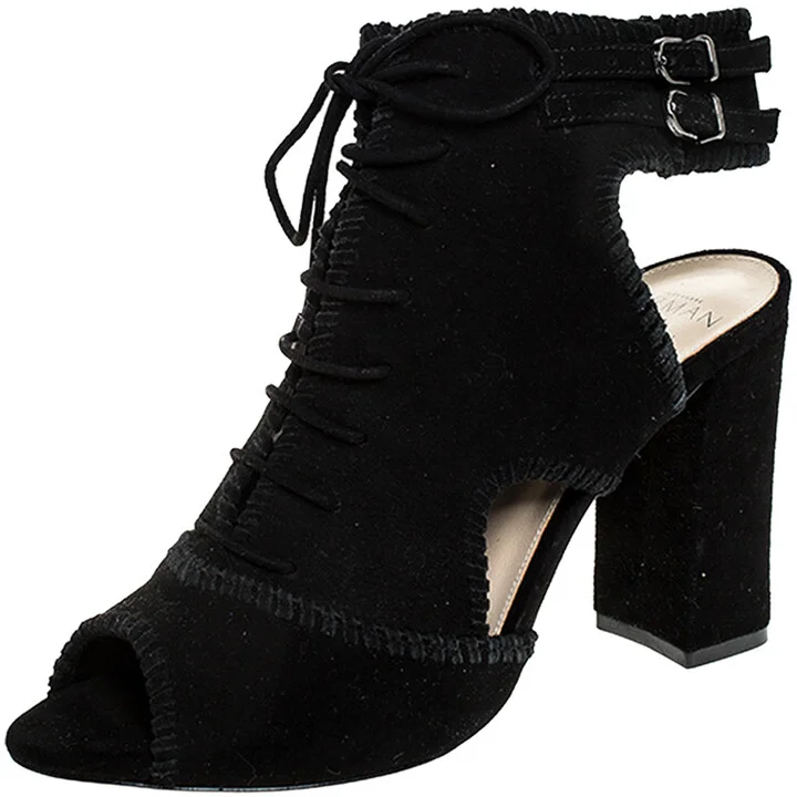 Alexandre Birman Black Suede Abbe Peep Toe Lace Booties Size 37