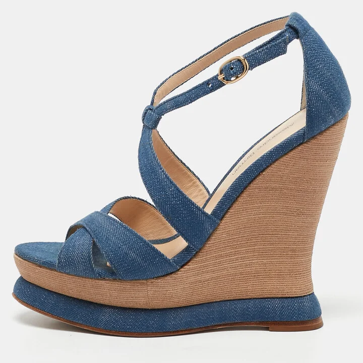 Alexandre Birman Blue Denim Fabric Wedge Sandals Size 37.5
