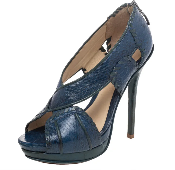 Alexandre Birman Blue/Green Python And Leather Peep Toe Platform Pumps Size 38