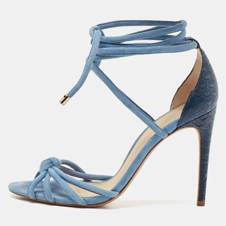 Alexandre Birman Blue Python and Suede Ankle Wrap Sandals Size 37.5