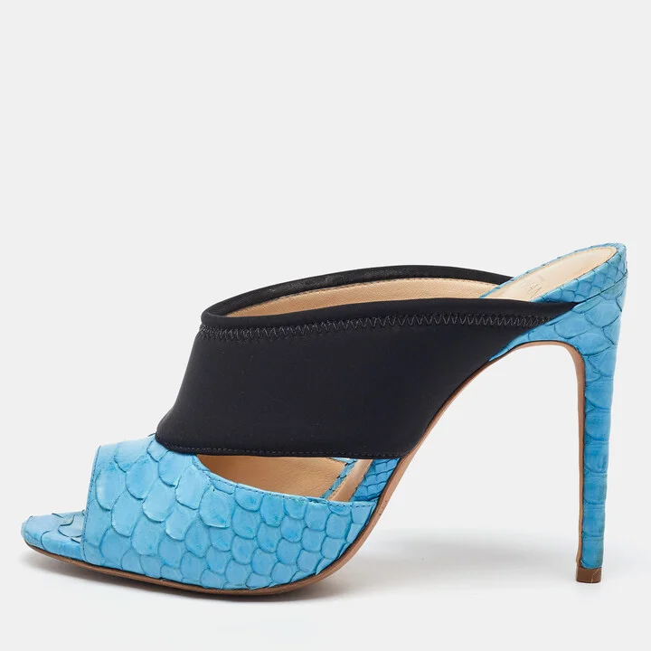 Alexandre Birman Light Blue/Black Python Leather and Neoprene Mules Size 37