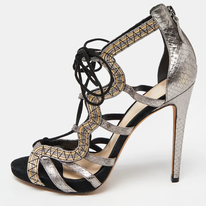Alexandre Birman Metallic Python Embossed Leather Strappy Ankle Tie Sandals Size 40