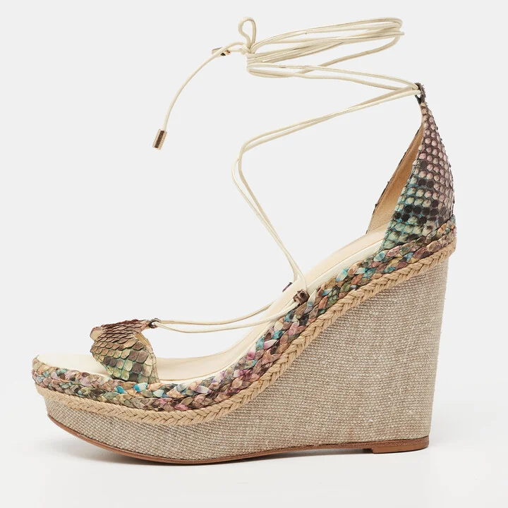Alexandre Birman Multicolor Python Leather Wedge Ankle Wrap Sandals Size 38