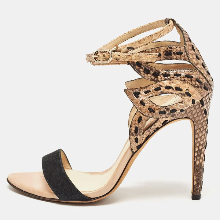 Alexandre Birman Tricolor Suede and Python Cut Out Ankle Strap Sandals Size 36.5