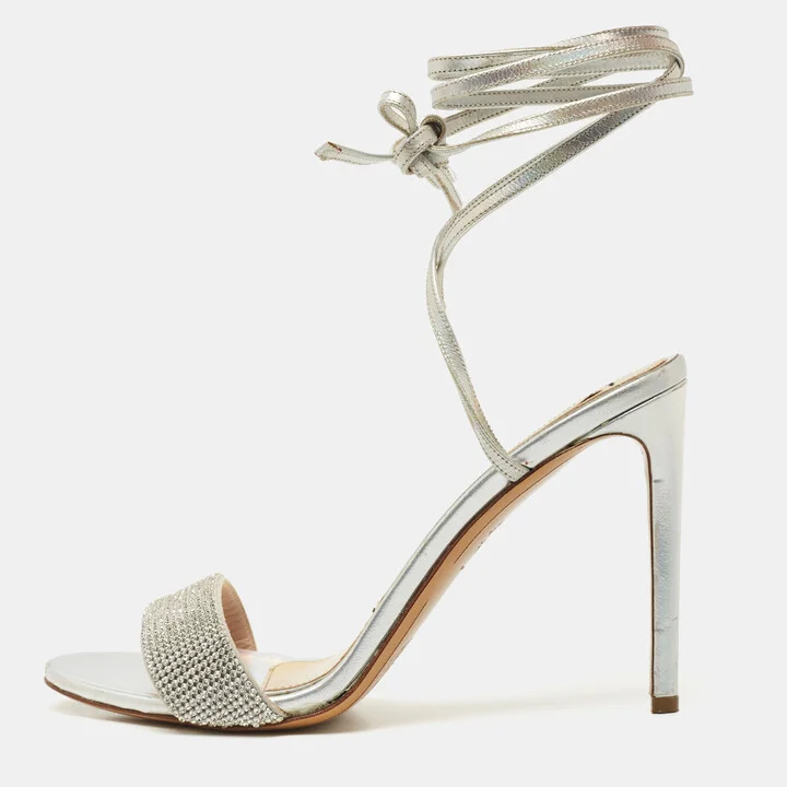 Alexandre Vauthier Silver Leather Crystal Embellished Ankle Wrap Sandals Size 39