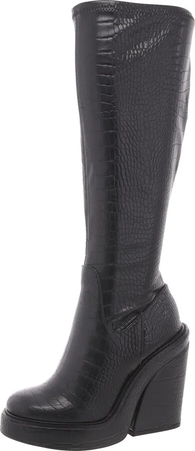 Aligned Womens Croc Print Block Heel Mid-Calf Boots