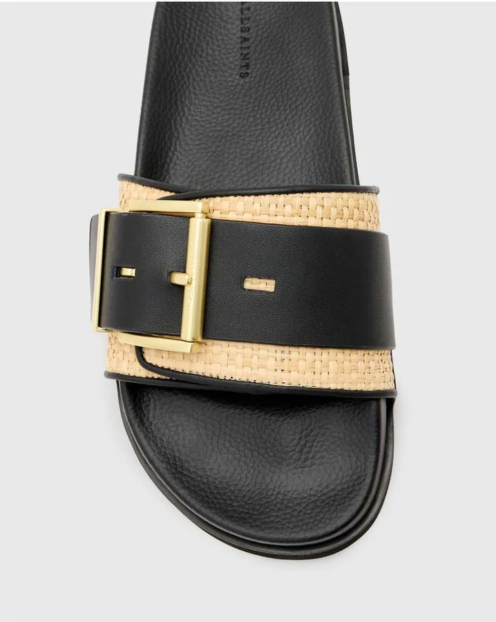 AllSaints Ellie raffia/leather slides in black and neutral - Image 2