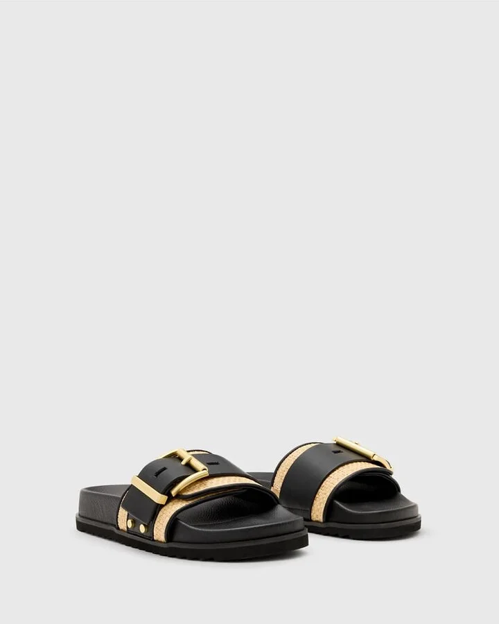AllSaints Ellie raffia/leather slides in black and neutral - Image 3