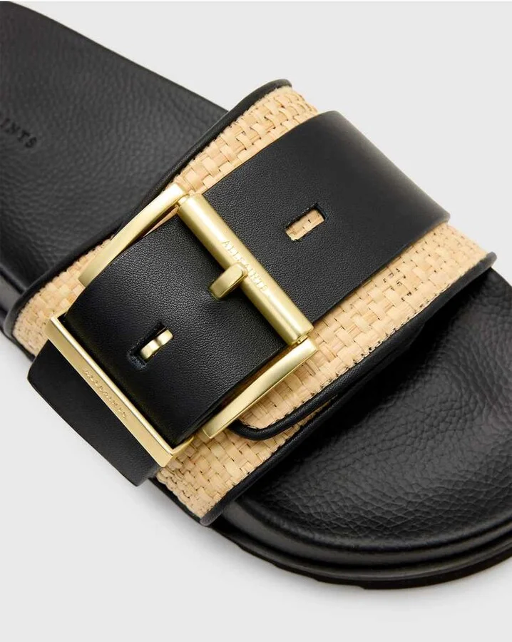 AllSaints Ellie raffia/leather slides in black and neutral - Image 4