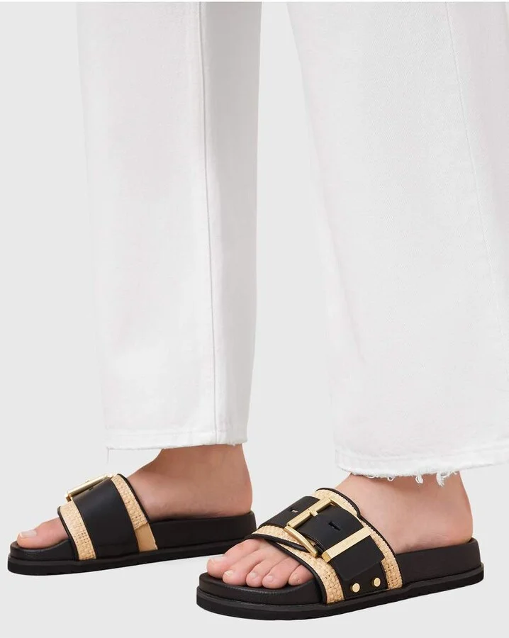 AllSaints Ellie raffia/leather slides in black and neutral