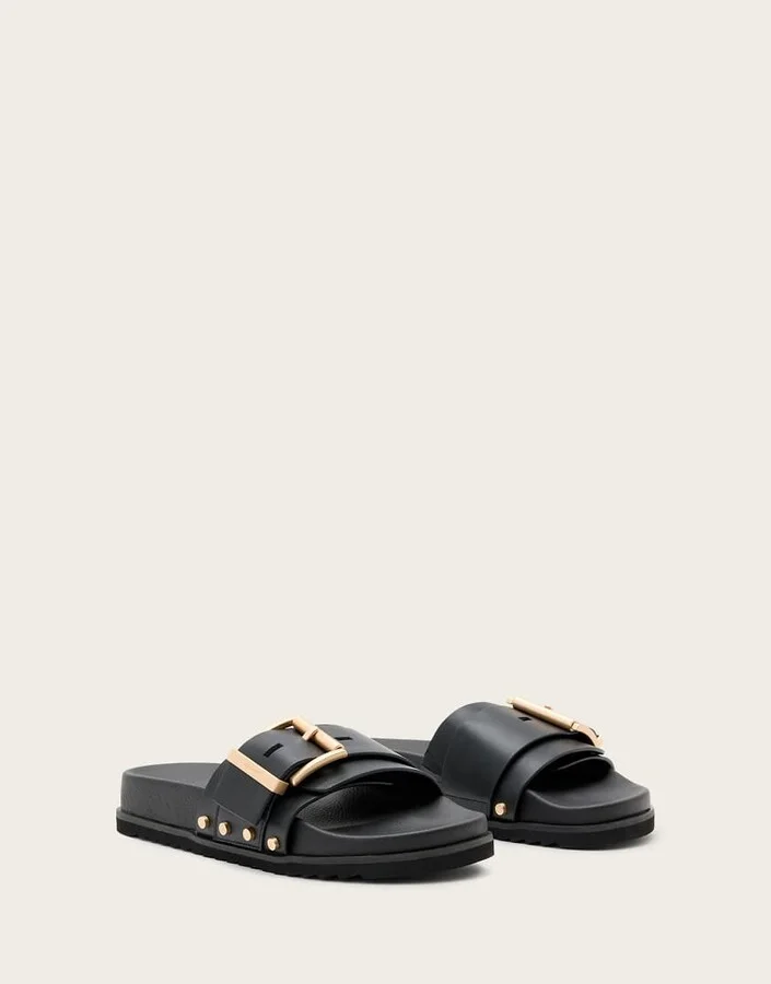 AllSaints Ellie studded leather slides in black - Image 4
