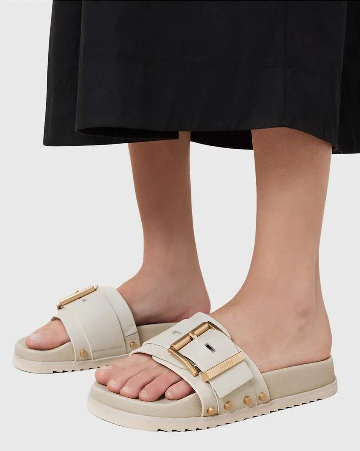 AllSaints Ellie studded leather slides in chalk white